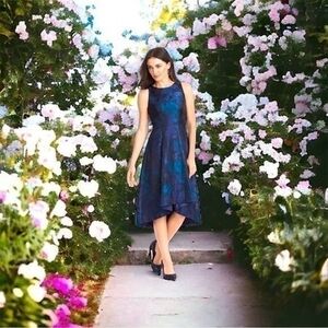 White House Black Market Floral Jacquard High-Low Midi Dress 00 Blue Fit Flare